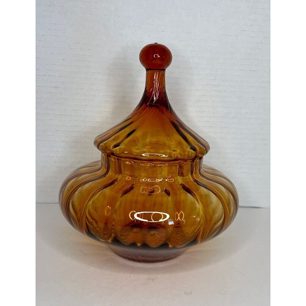Vintage Empoli Amber Glass Circus Tent Candy Dish Optic Apothecary Jar Italy